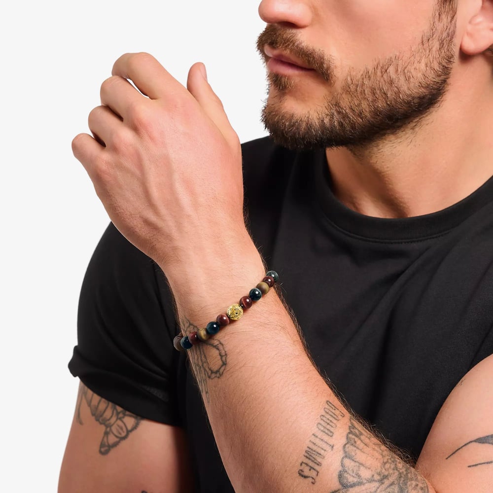 THOMAS SABO 18ct Yellow Gold Plated Sterling Silver Tiger's Eye Beaded Bracelet A2145-324-2