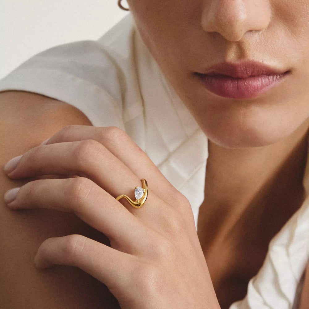 THOMAS SABO Fluid Elegance 18ct Yellow Gold Plated Cubic Zirconia Wave Ring TR2543-M01-14