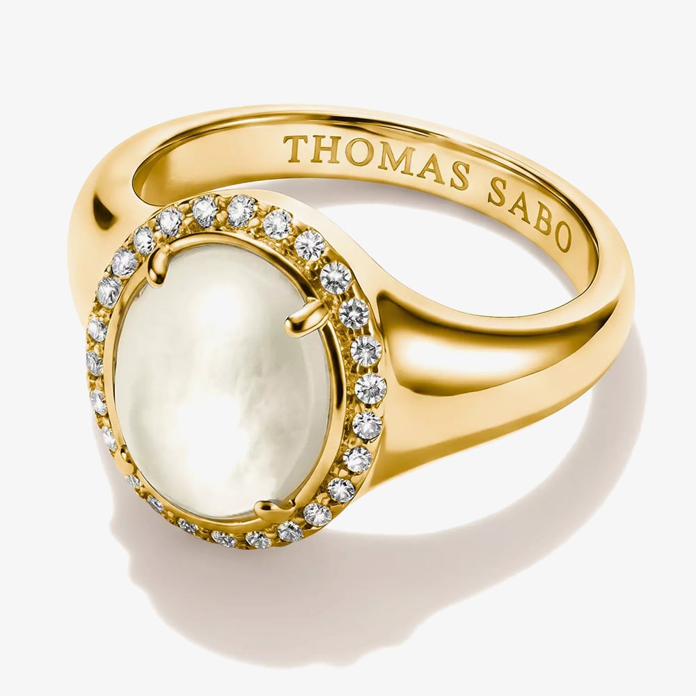 THOMAS SABO Fluid Elegance 18ct Yellow Gold Plated Mother of Pearl Halo Signet Ring TR2542-M01-14