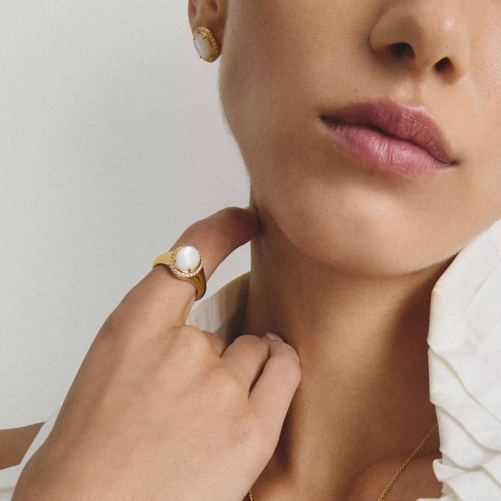 THOMAS SABO Fluid Elegance 18ct Yellow Gold Plated Mother of Pearl Halo Signet Ring TR2542-M01-14