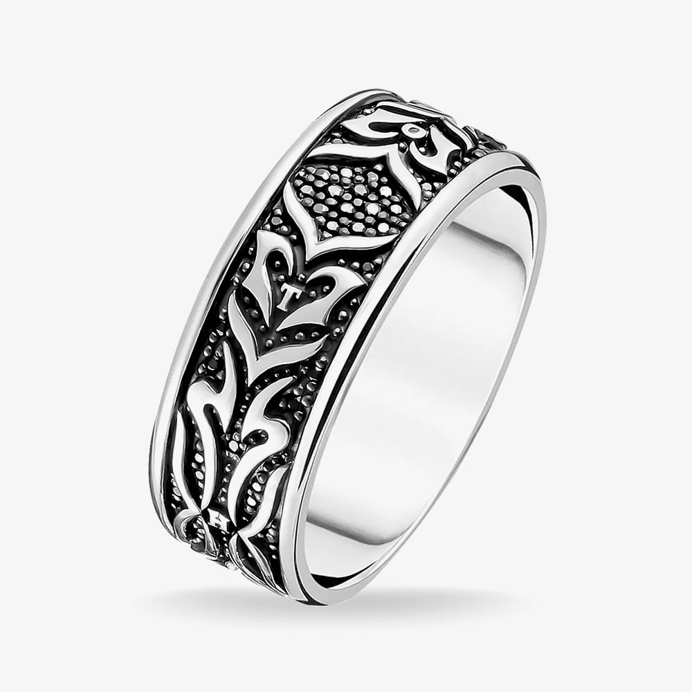 THOMAS SABO Blackened Sterling Silver Black Cubic Zirconia Tiger Pattern Ring TR2291-643-11