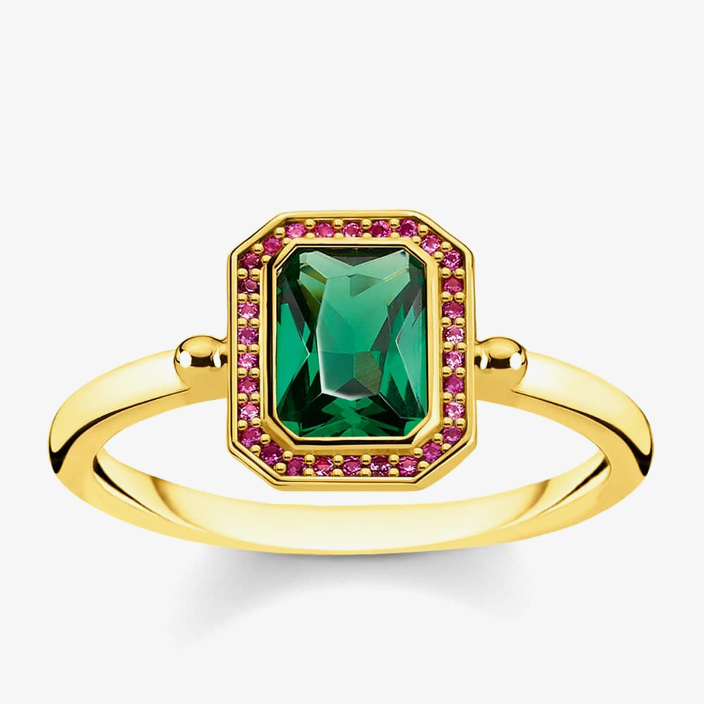 Product photograph of Thomas Sabo Gold Plated Red And Green Multi-stone Ring Tr2264-973-7-56 from The Jewel Hut