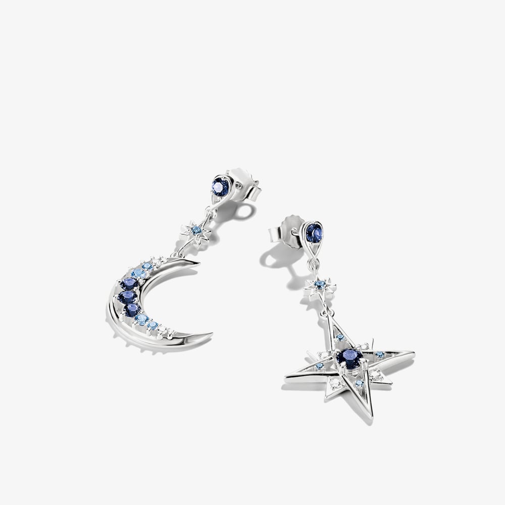 THOMAS SABO Sterling Silver & Blue Crystal Moon & Star Drop Stud Earrings H2379-166-1