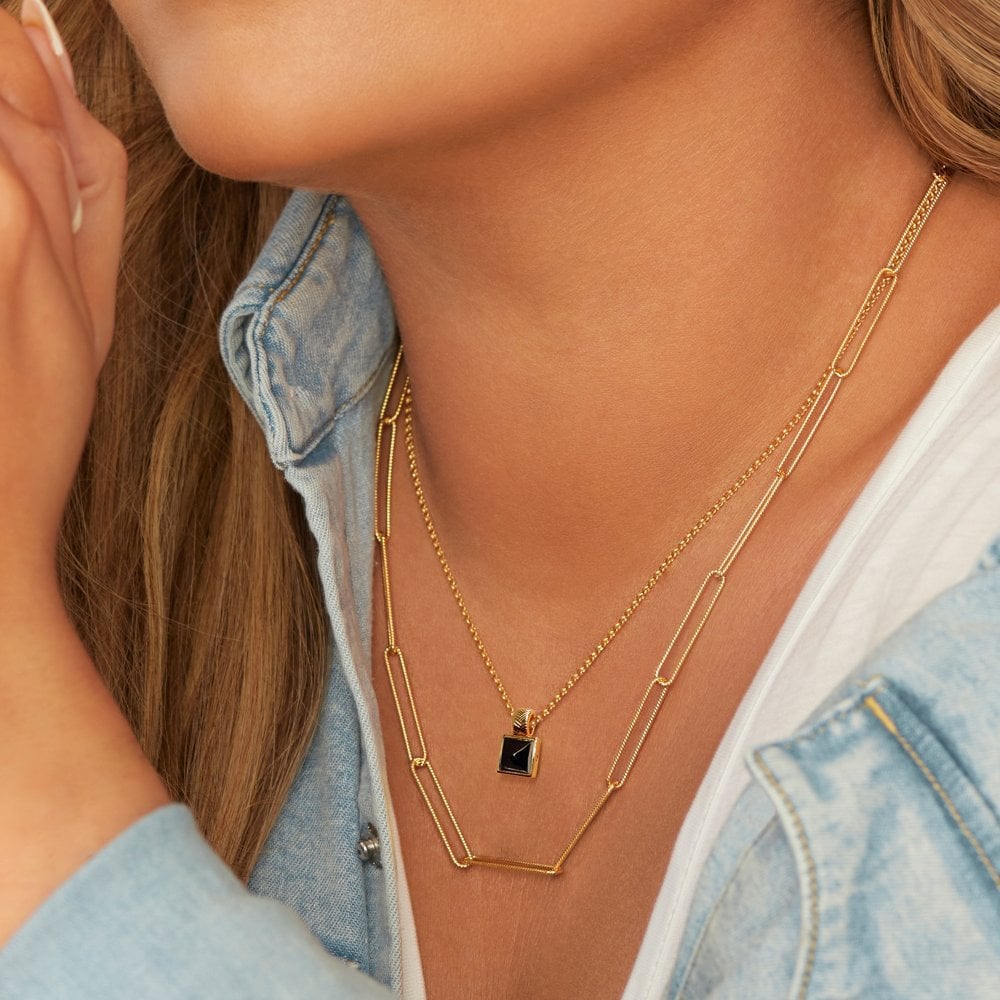 Hot Diamonds 18ct Gold Plated Black Onyx Diamond Square Pendant Necklace DP914