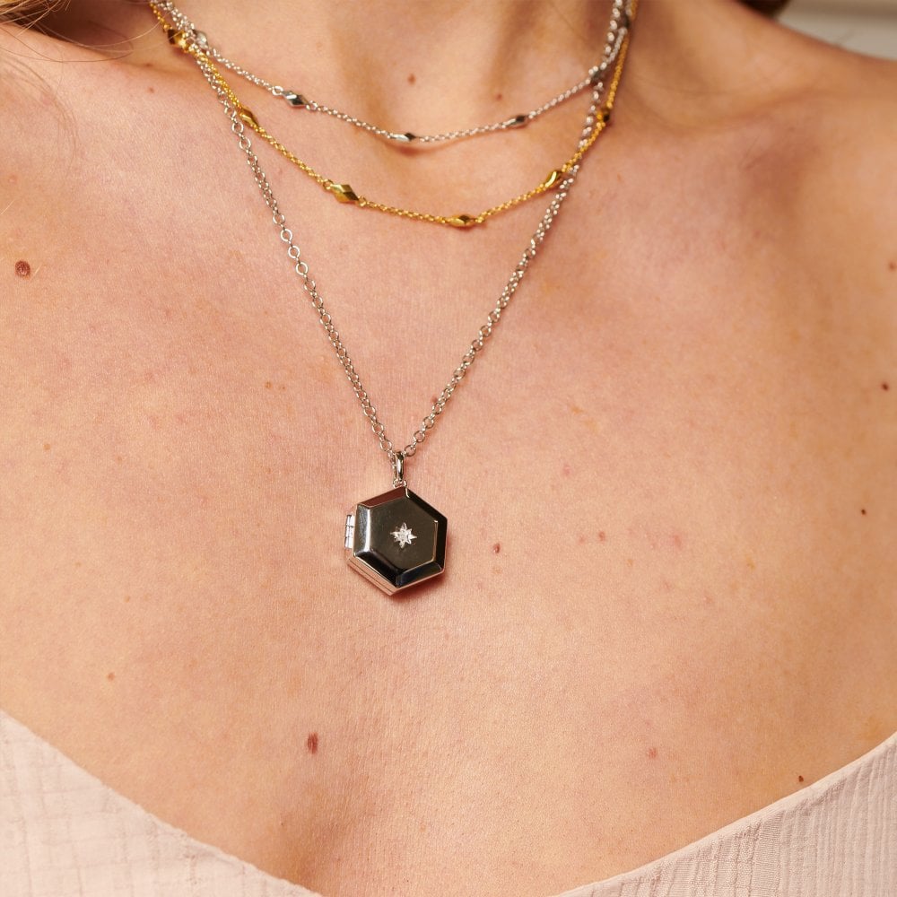 Hot Diamonds Silver Diamond Set Hexagon Locket Necklace DP1100