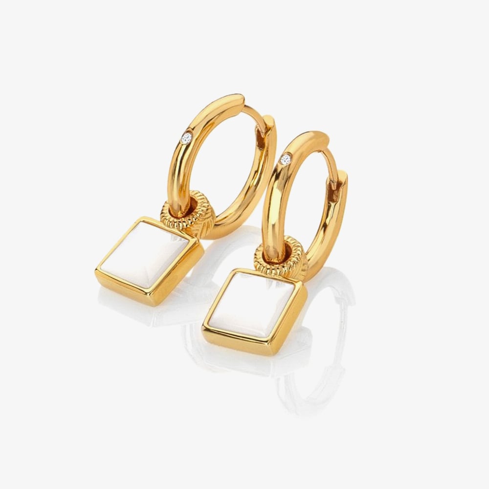 Hot Diamonds Revive 18ct Gold Plated Mother Of Pearl Diamond Square Hoop Dropper Earrings DE714