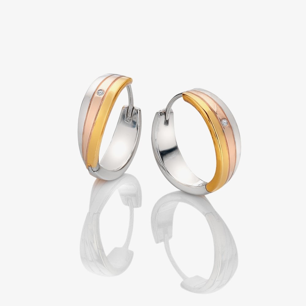 Hot Diamonds Sterling Silver Three Colour Diamond Trio Huggie Hoop Earrings DE841