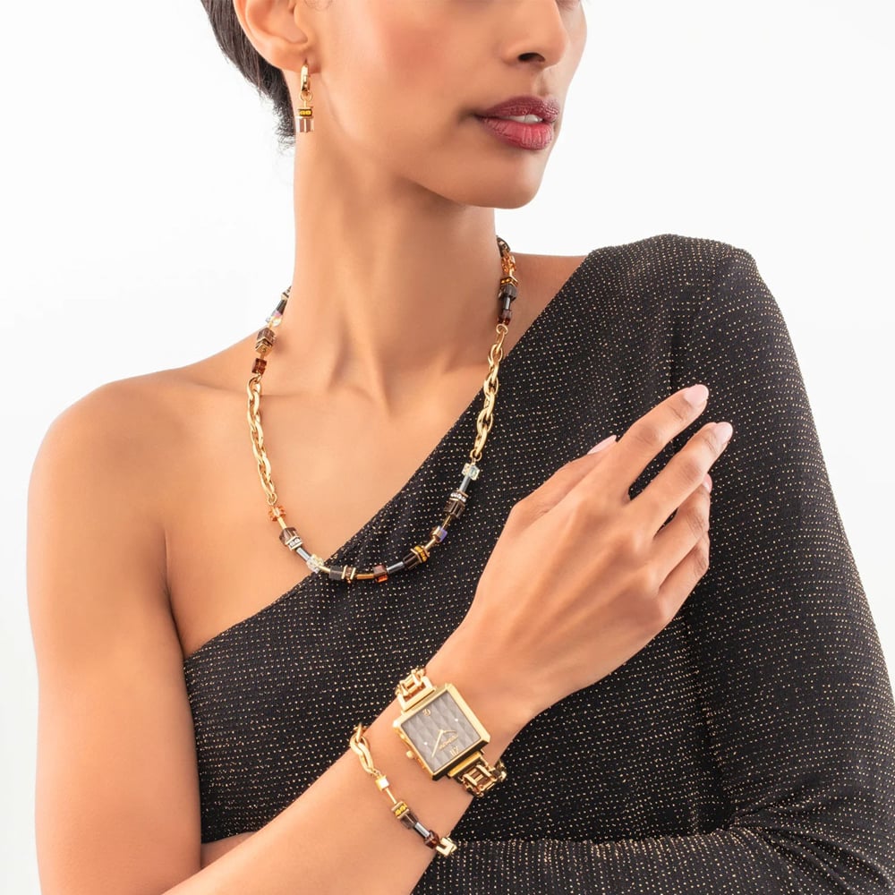 Coeur De Lion Ladies GeoCUBE Gold Smokey Quartz Chain Bracelet 4524/30-1116