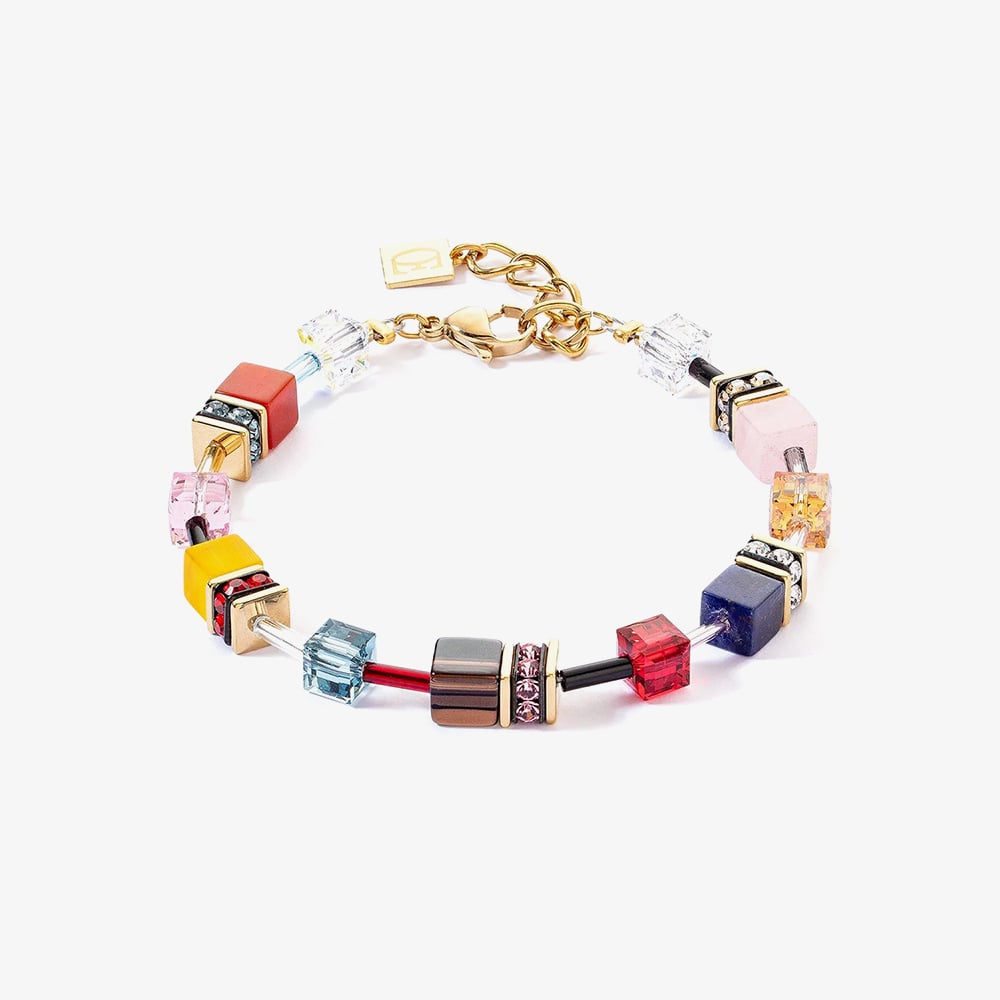 Coeur De Lion GeoCUBE Iconic Gold Tone Multi Colour Multi Stone Precious Energy Bracelet 4905/30
