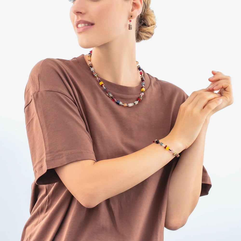 Coeur De Lion GeoCUBE Iconic Gold Tone Multi Colour Multi Stone Precious Energy Bracelet 4905/30-1592