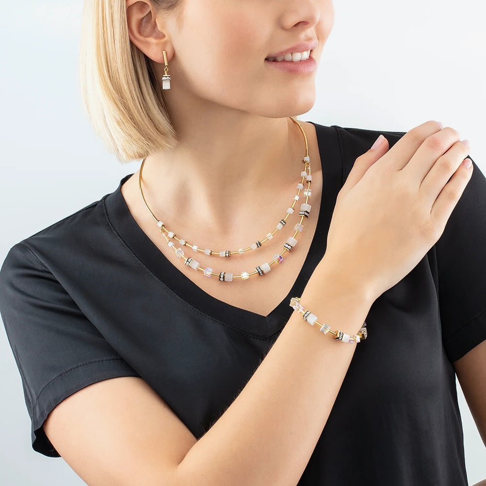 Coeur De Lion GeoCUBE Iconic White & Gold Layer Drop Earrings 2810/21-1416