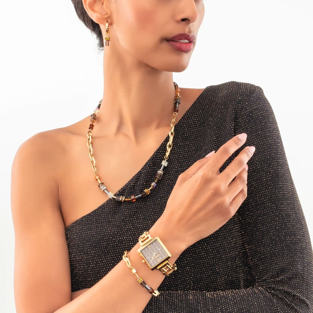 Coeur De Lion Ladies GeoCUBE Gold Tone Smokey Quartz Drop Earrings 4524/21-1116