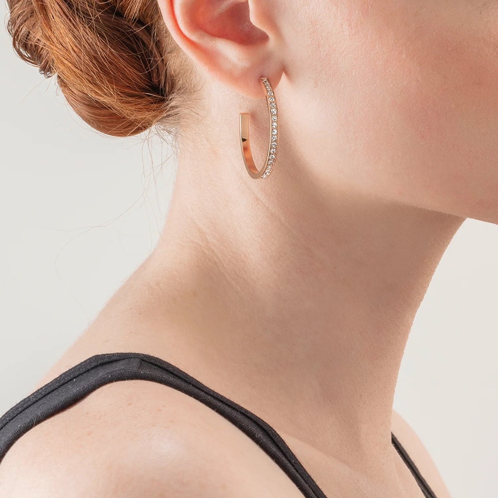 Coeur De Lion Rose Gold Tone Stainless Steel Crystal Hoop Earrings 0128/21-1822