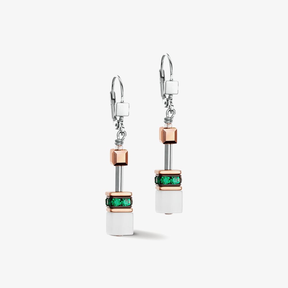 Click to view product details and reviews for Coeur De Lion Geocube Iconic Rose Gold And Green Multi Stone Dropper Earrings 4013 20 0521.