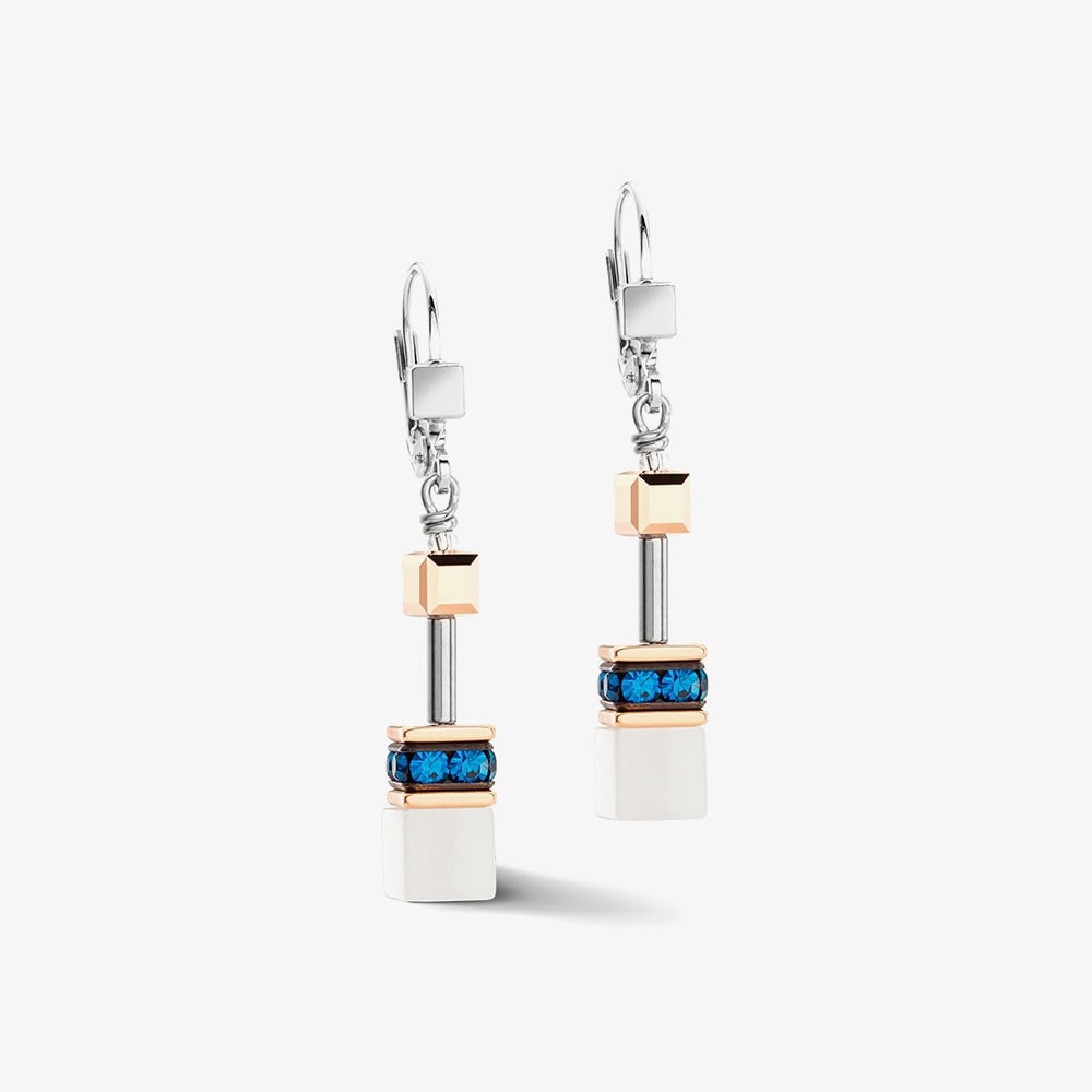 Click to view product details and reviews for Coeur De Lion Geocube Iconic Rose Gold And Blue Multi Stone Dropper Earrings 4013 20 0756.