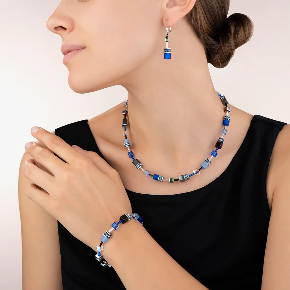 Coeur De Lion GeoCUBE Silver Tone Cobalt Blue Multi Stone Dropper Earrings 4014/20-0712
