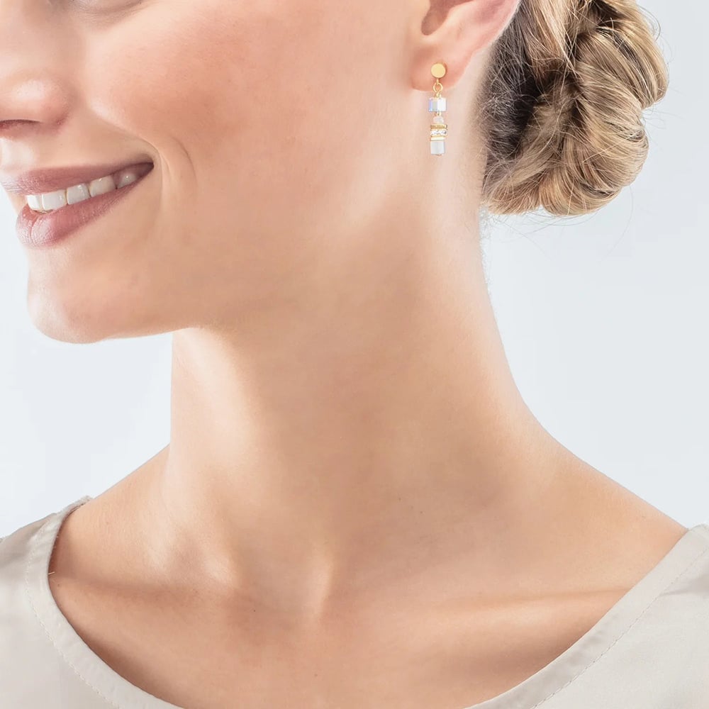 Coeur De Lion Mini Cubes Gold Tone Multi Stone Gold & White Dropper Earrings 4565/21-1416