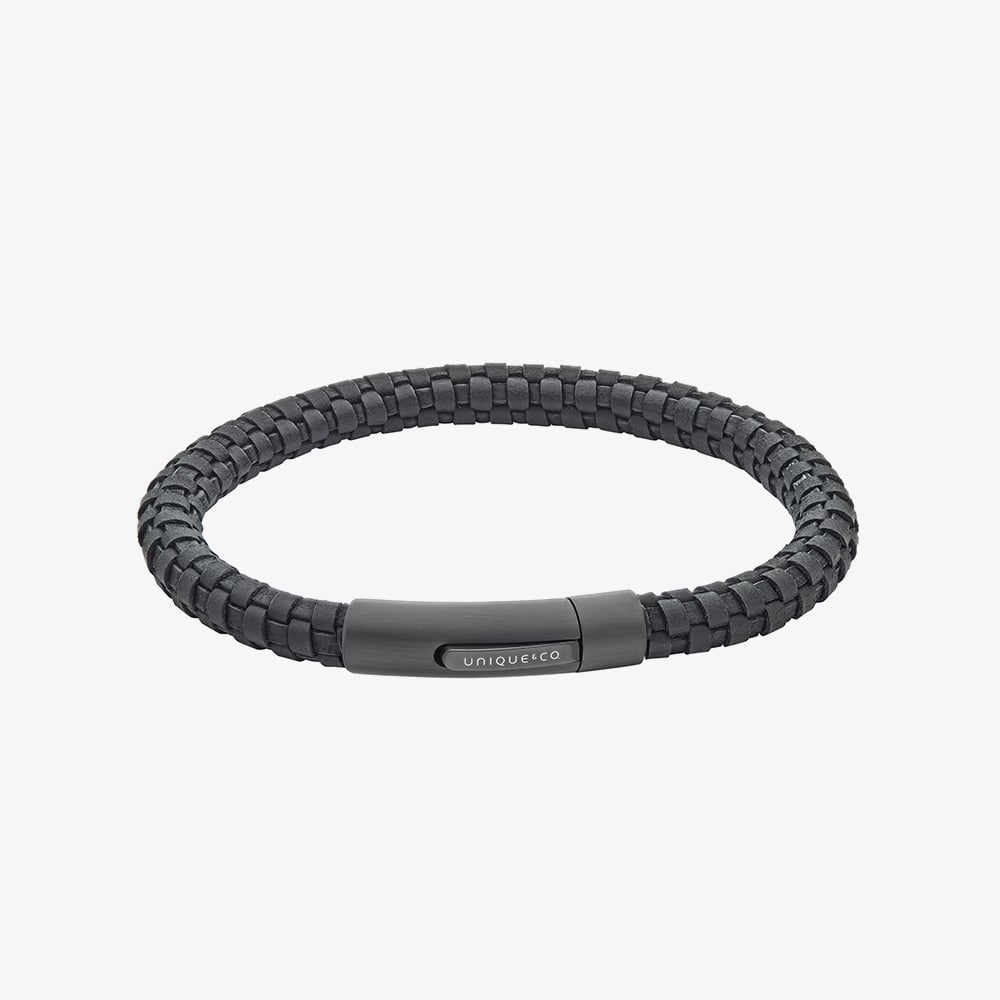 Unique Black Leather 21cm Black Stainless Steel Clasp Bracelet B554BL/21CM
