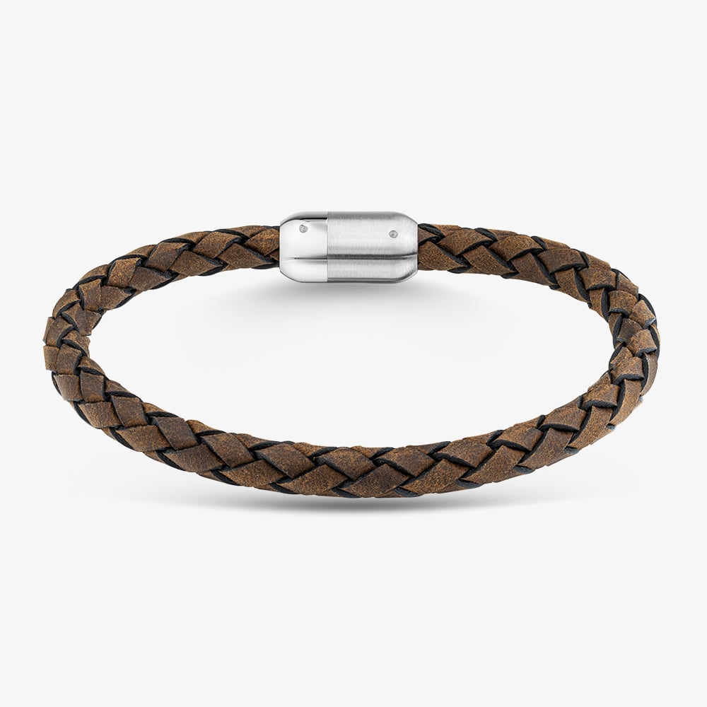 Unique Braided Brown Leather & Stainless Steel Bracelet B569DB/21CM