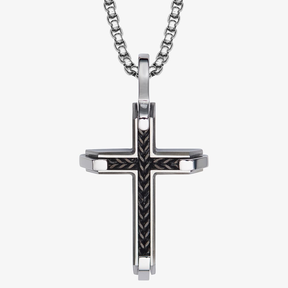 Unique Stainless Steel Black IP Inlay Cross Pendant Necklace AN