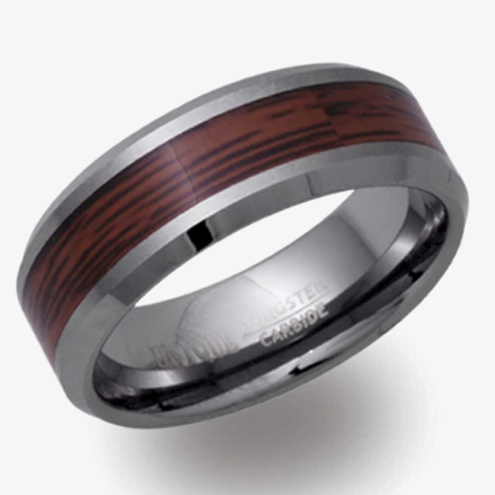 Unique Mens Tungsten Carbide 8mm Wood Inlay Ring TUR-41