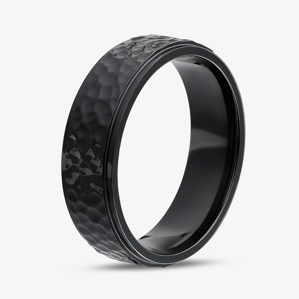 Unique Zirconium Black 7mm Hammered Band Ring ZR-26-64