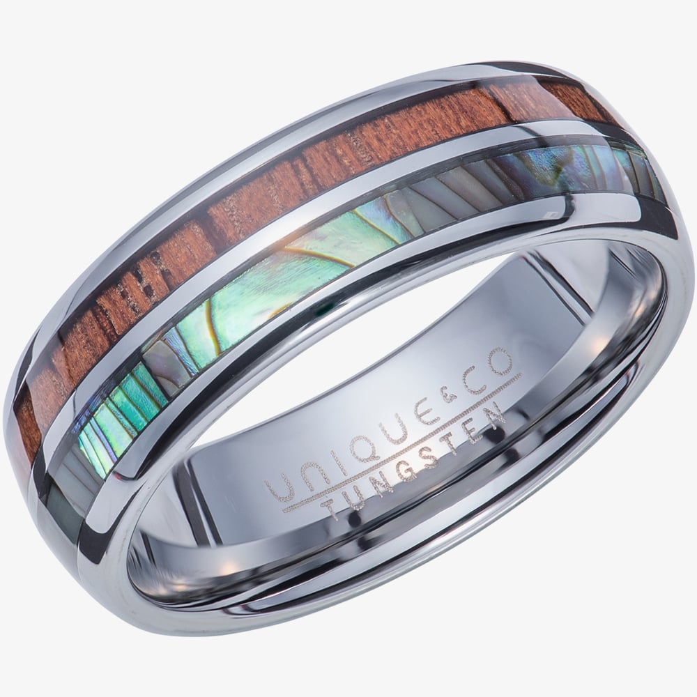 Unique Mens Tungsten Wood & Shell Inlay Ring TUR-136-66