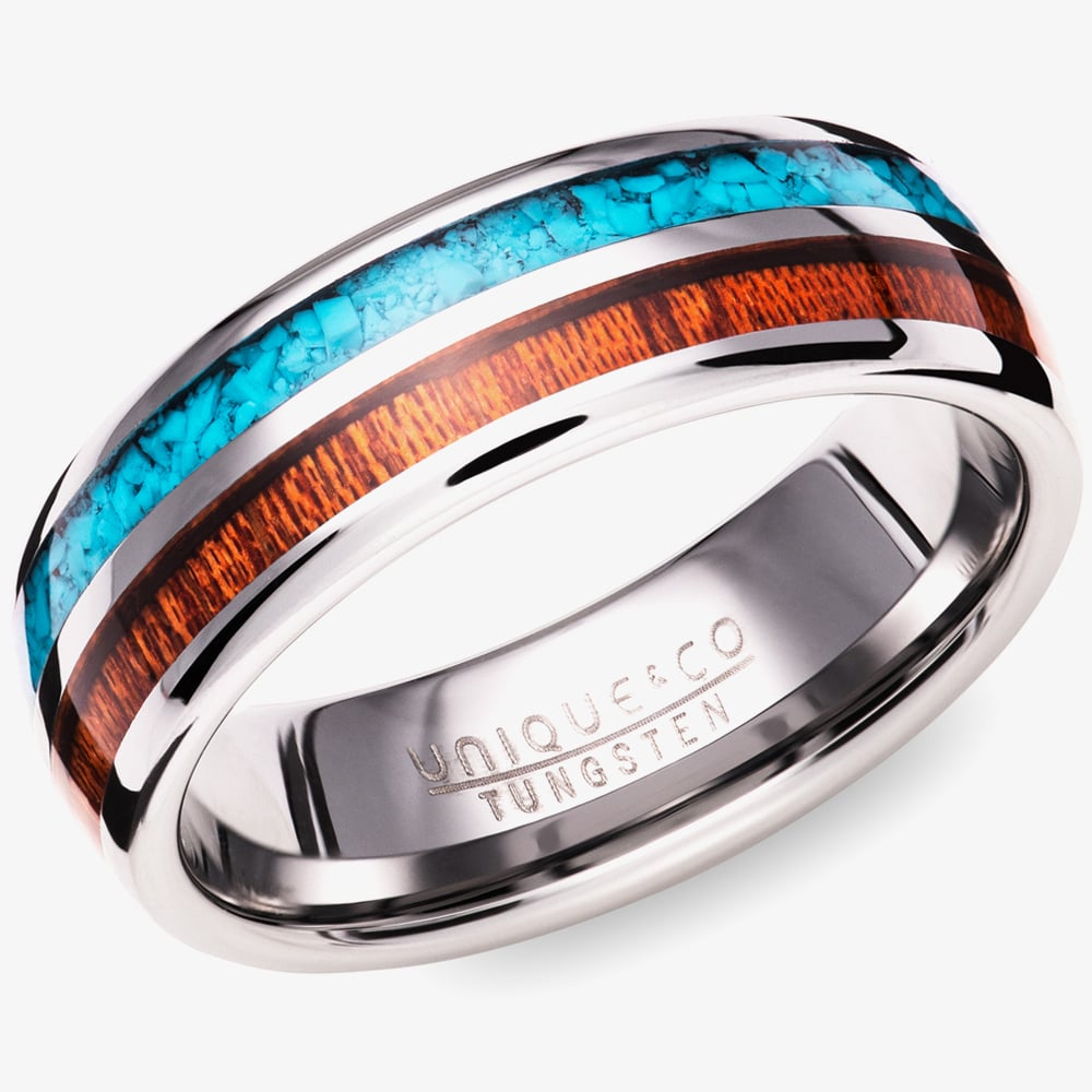Unique Mens Tungsten Wood & Turquoise Inlay 7mm Ring TUR-147-