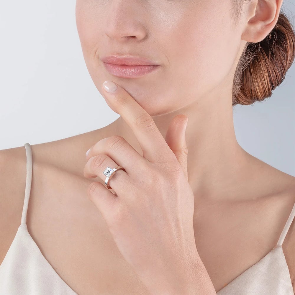 Coeur De Lion Silver Tone Brilliant Square Princess Cut Crystal Solitaire Ring 0500/40-1817