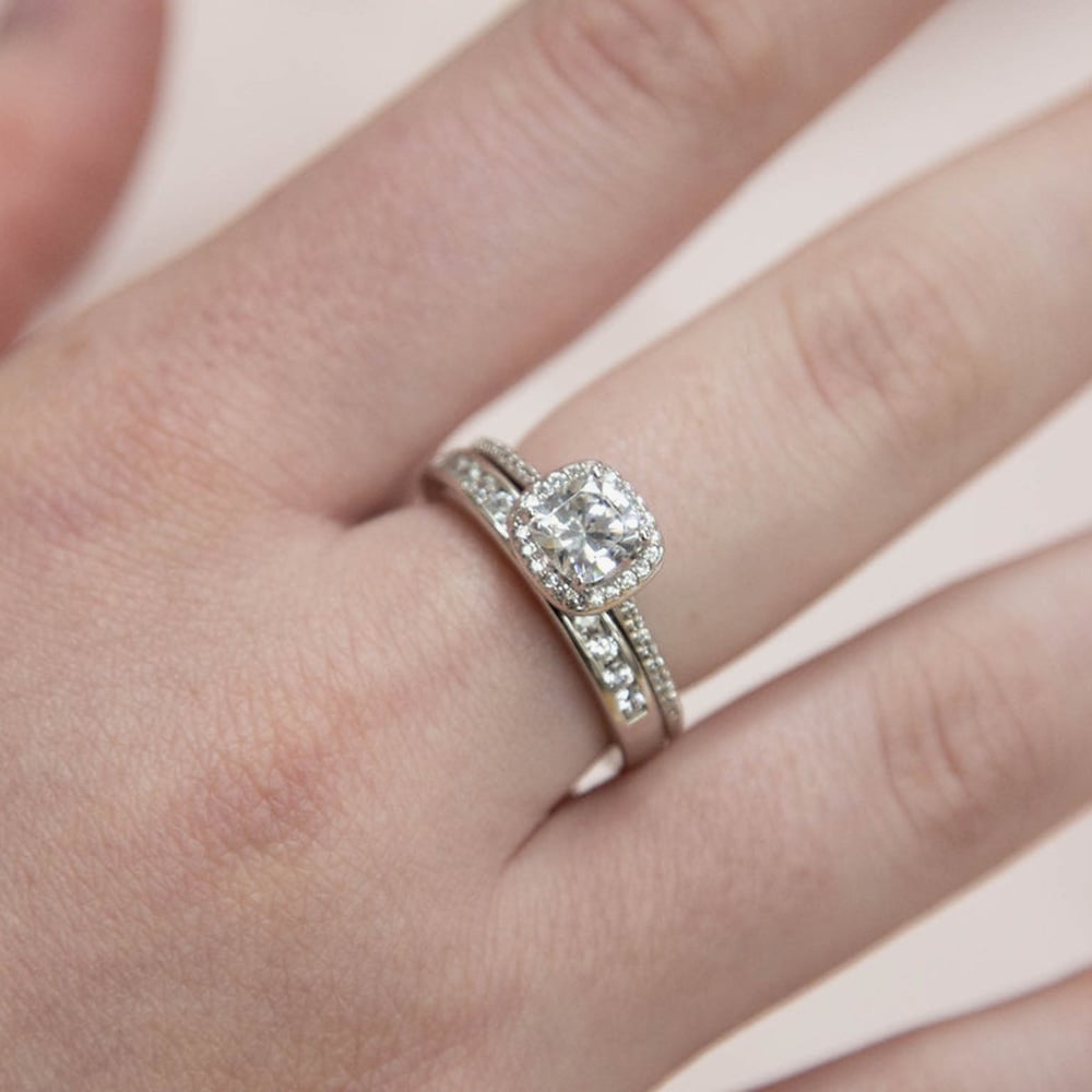 Diamonfire Silver Square Cubic Zirconia Shoulder Set Ring R3626