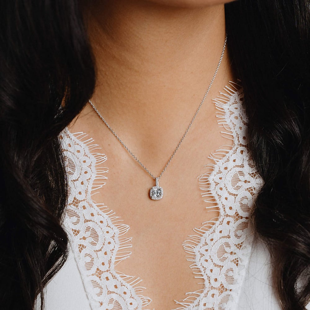 Diamonfire Silver Square Pave Set Cubic Zirconia Pendant Necklace P4617