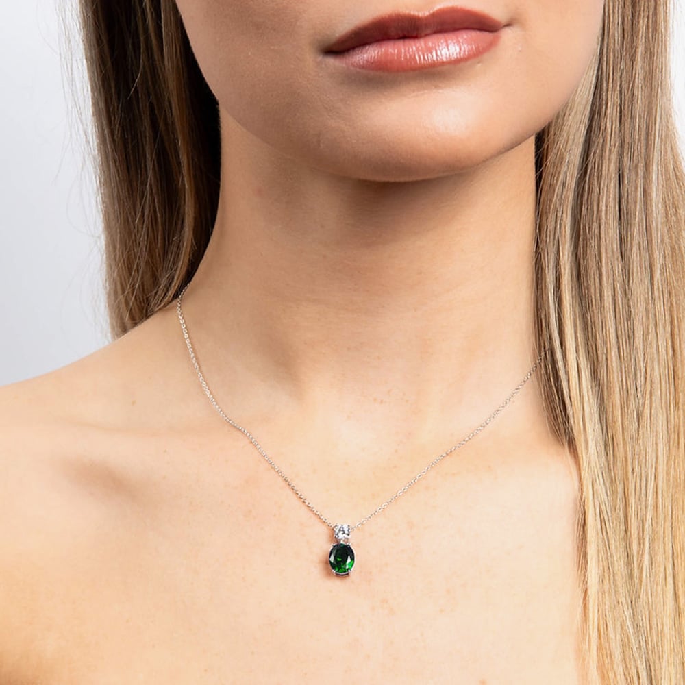 Diamonfire Silver Green Oval Cubic Zirconia Pendant Necklace P5113