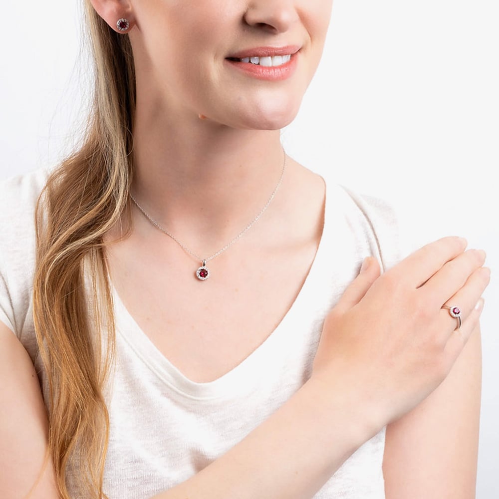 Diamonfire Silver Red Round Cubic Zirconia Halo Pendant Necklace P4625