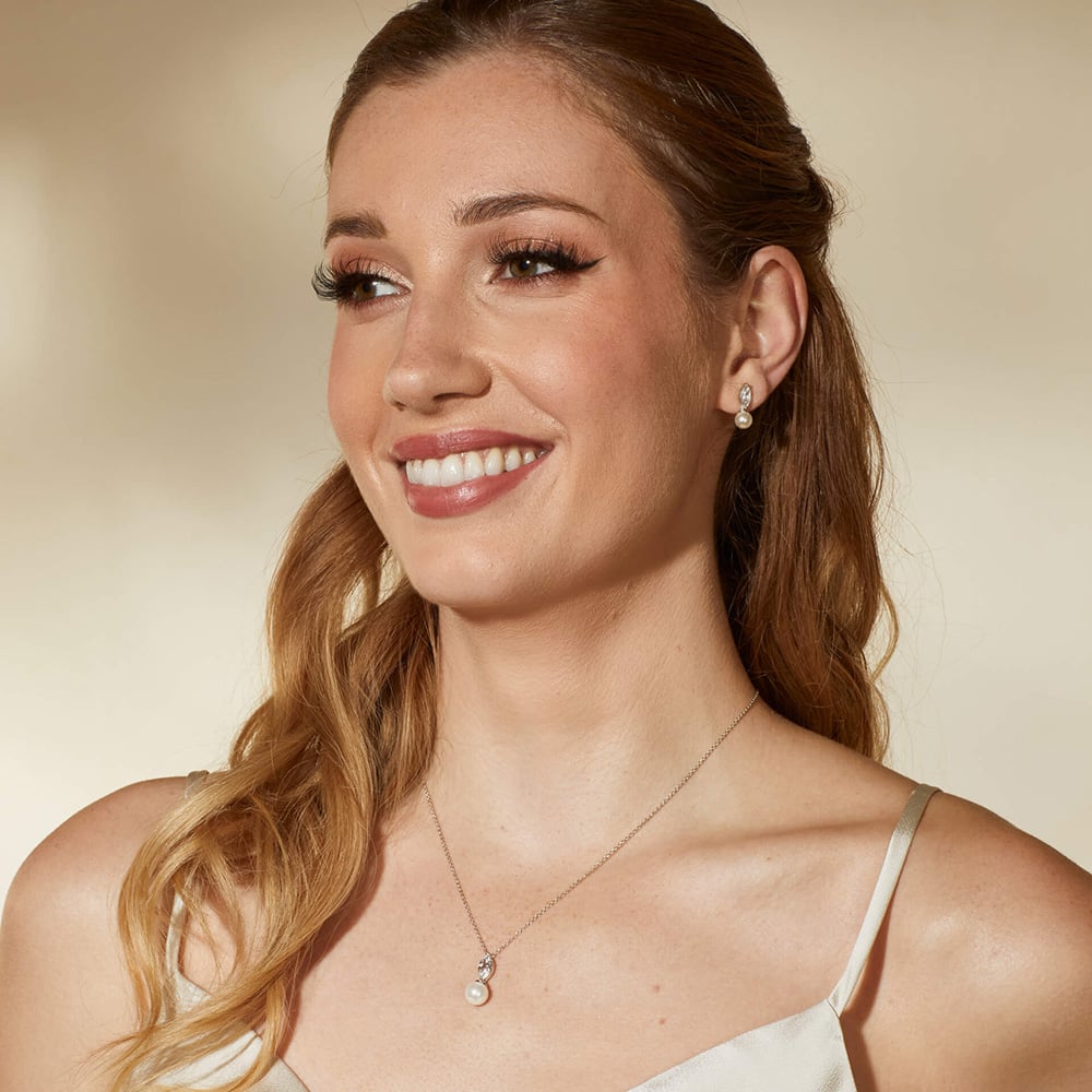 Diamonfire Sterling Silver Marquise Pearl Drop Necklace P5582