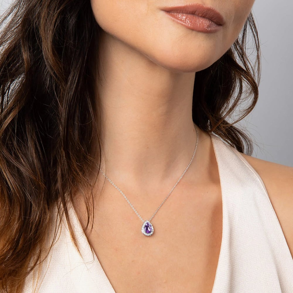 Diamonfire Sterling Silver Purple Cubic Zirconia Teardrop Halo Necklace P5579