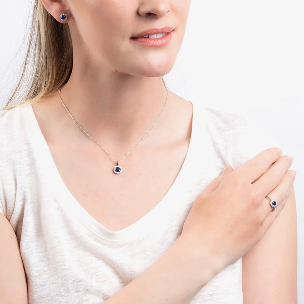 Diamonfire Silver Blue Round Cubic Zirconia Halo Stud Earrings E5598