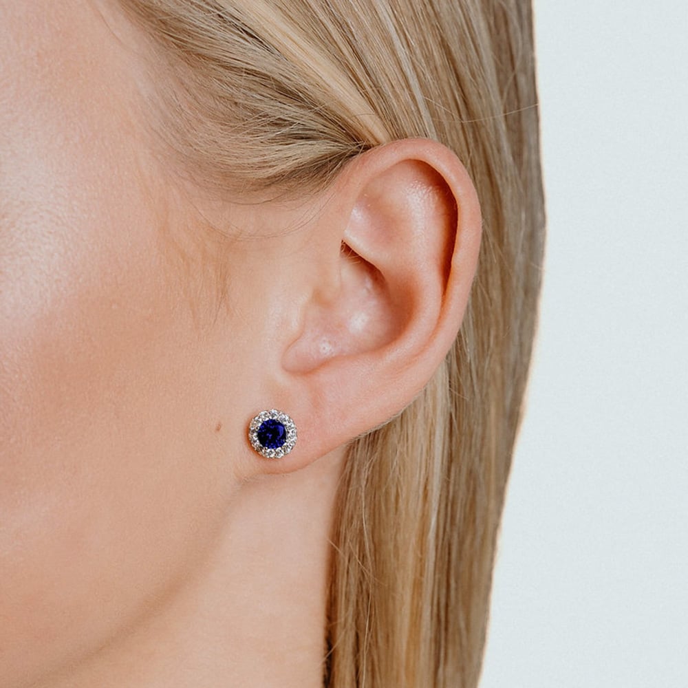 Diamonfire Silver Blue Round Cubic Zirconia Halo Stud Earrings E5598