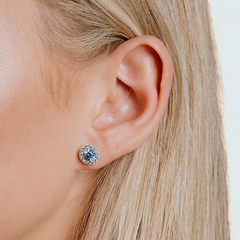 Diamonfire Silver Light Blue Round Cubic Zirconia Halo Stud Earrings E5776