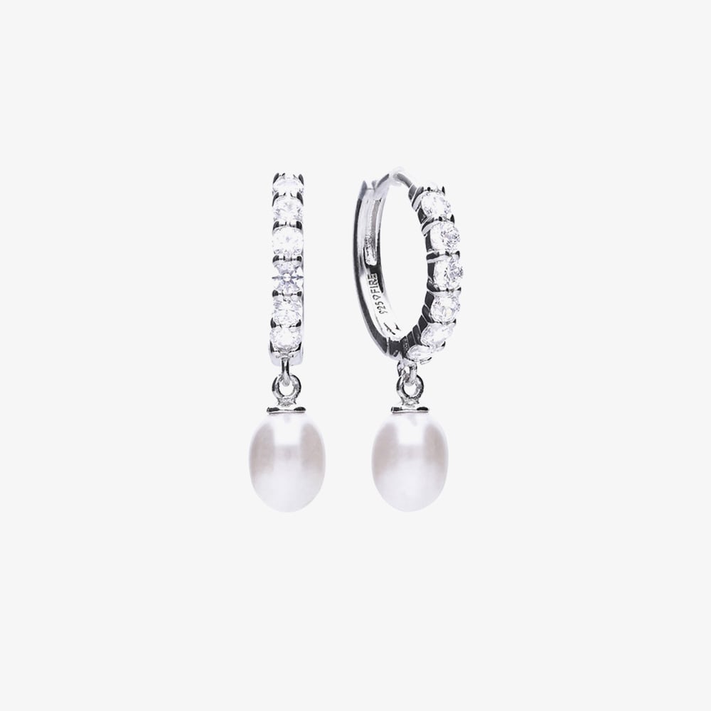 Diamonfire Silver Cubic Zirconia Shell Pearl Hoop Earrings E5898