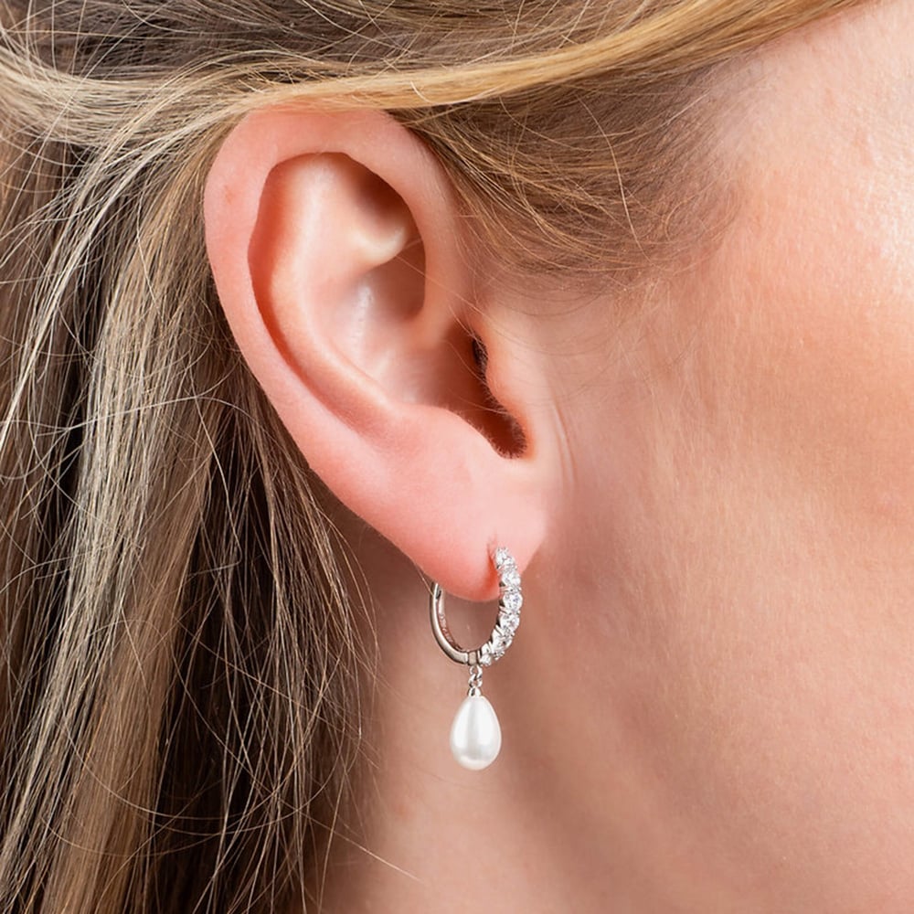 Diamonfire Silver Cubic Zirconia Shell Pearl Hoop Earrings E5898