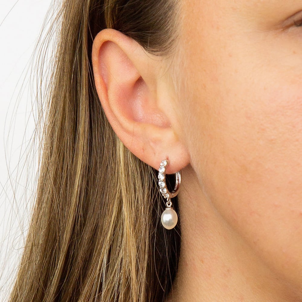 Diamonfire Silver Cubic Zirconia Shell Pearl Hoop Earrings E5898