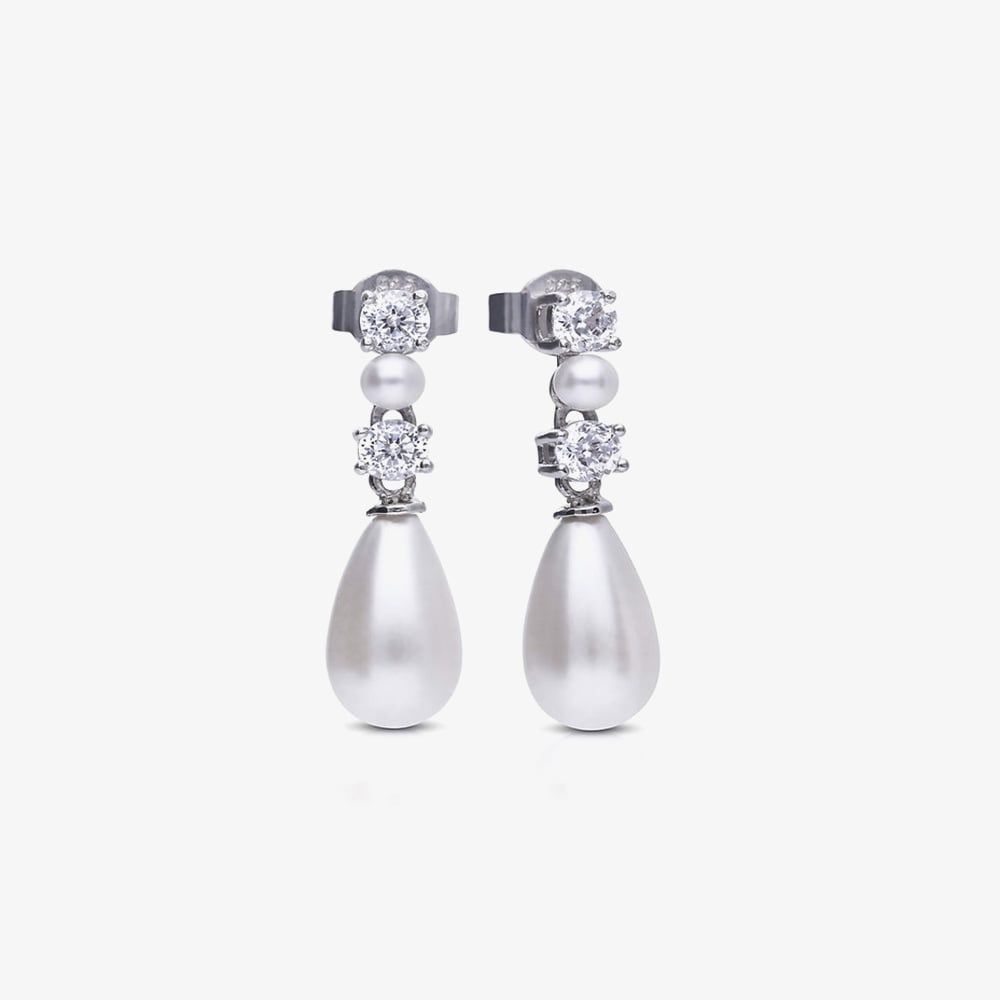 Diamonfire Silver Shell Pearl Cubic Zirconia Dropper Earrings E6649