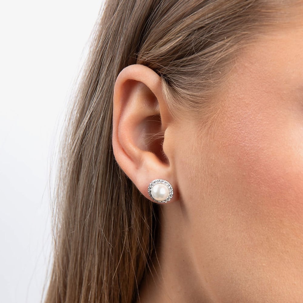 Diamonfire Silver Shell Pearl Cubic Zirconia Halo Stud Earrings E5656