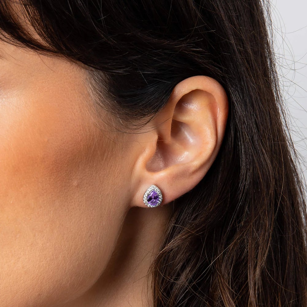 Diamonfire Sterling Silver Purple Cubic Zirconia Teardrop Halo Earrings E6719