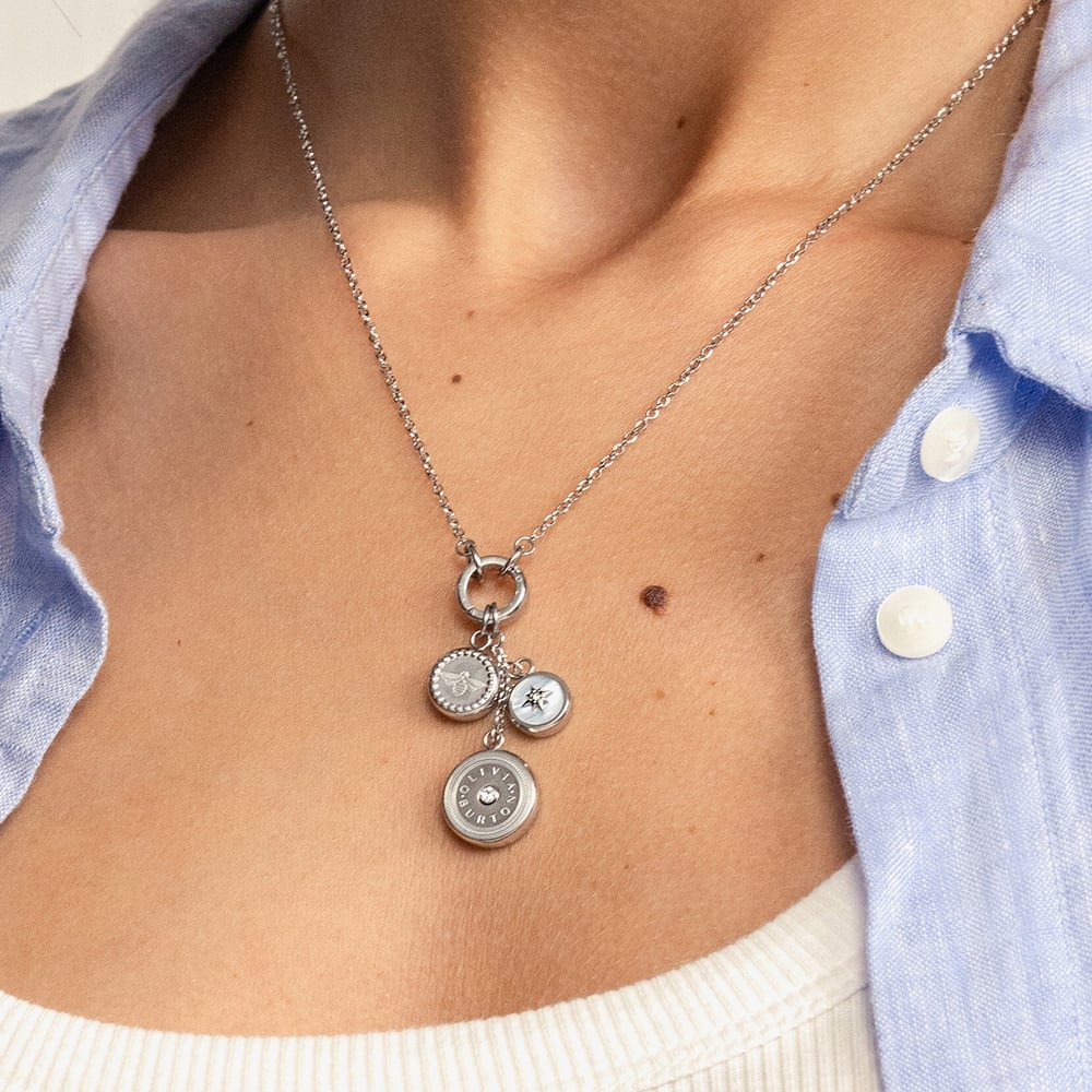 Olivia Burton Signature Silver Tone Crystal Bumble Bee & North Star Multi Charm Necklace 24100330