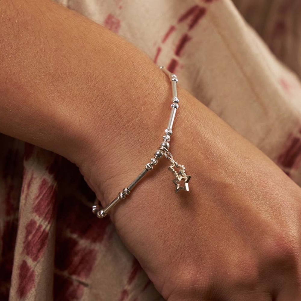 ChloBo Silver Dainty Moon Cut Sparkle Interlocking Star Bracelet SBMCTN3406