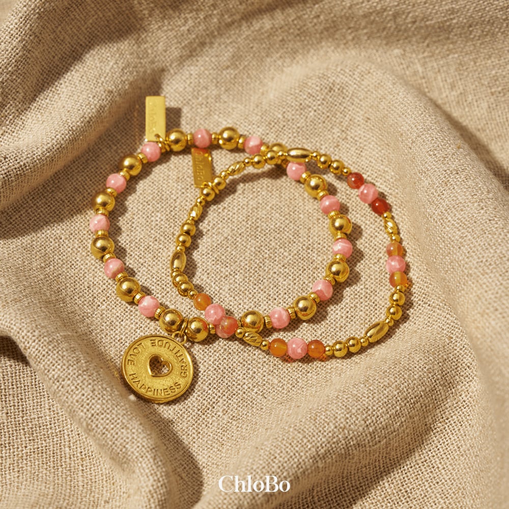 ChloBo Sunset Solstice 18ct Gold Plated, Fire Agate & Rhodochrosite Bracelet GBFARHO