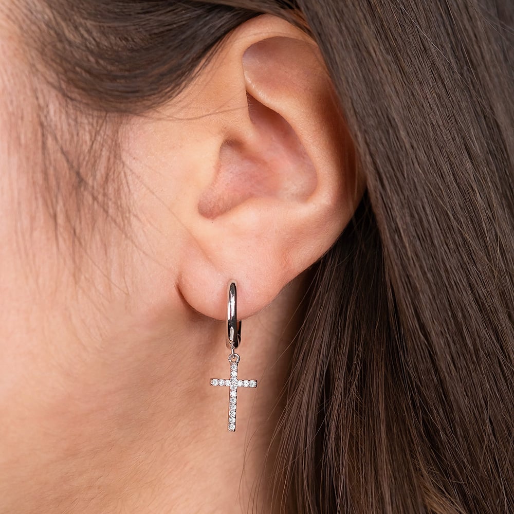 Angel Whisperer Silver Cubic Zirconia Cross Dropper Hoop Earrings ERE-LILCROSS-ZI-CR