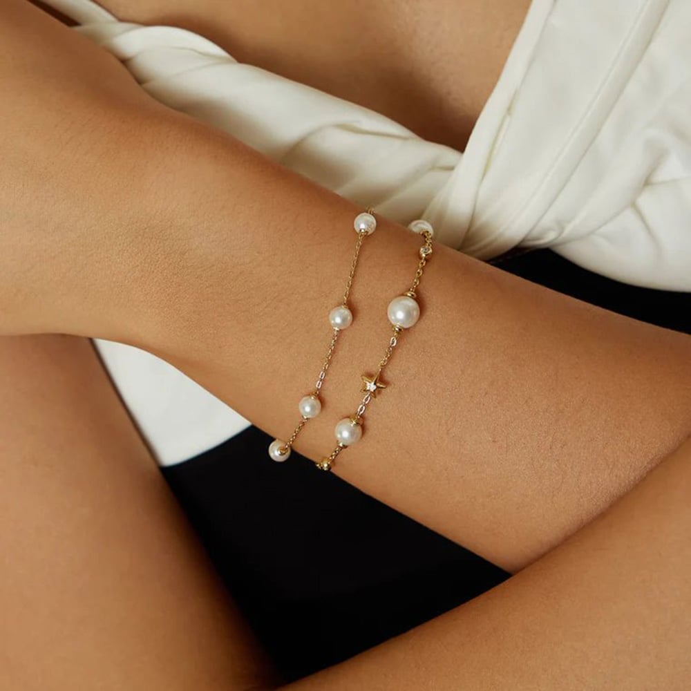 Ania Haie Miss Dainty 14ct Gold Plated Pearl Star Bracelet B065-05G