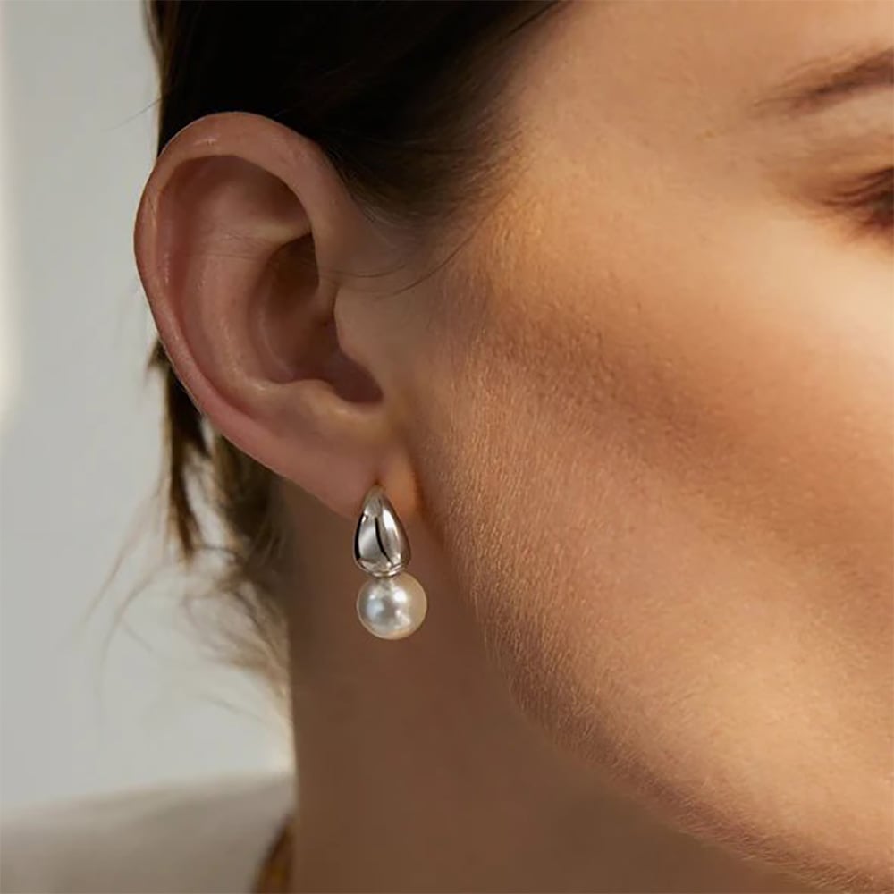 Ania Haie Vogue Maven Sterling Silver Shell Pearl Dome Hoop Earrings E062-06H
